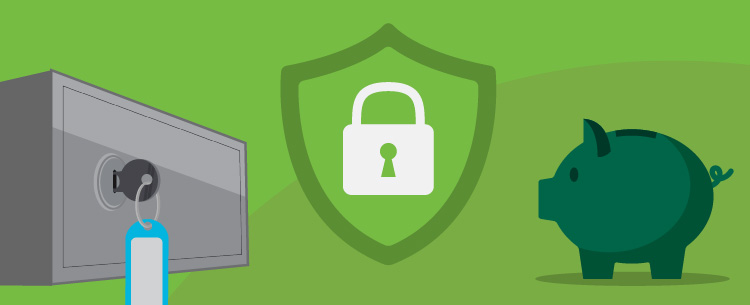 piggy bank in front of a safety deposit box