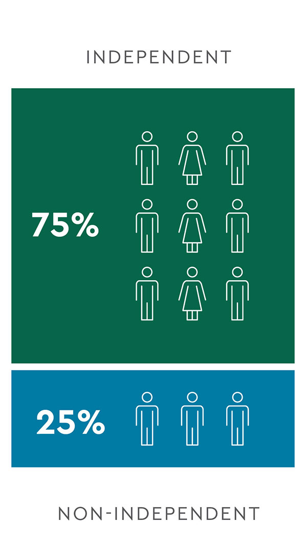75% independent: 3 women and 6 men; 25% non-independent: 3 men