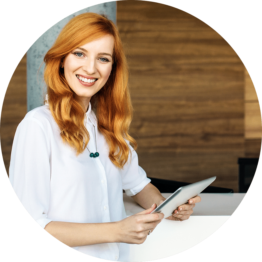 Confident business woman holding iPad