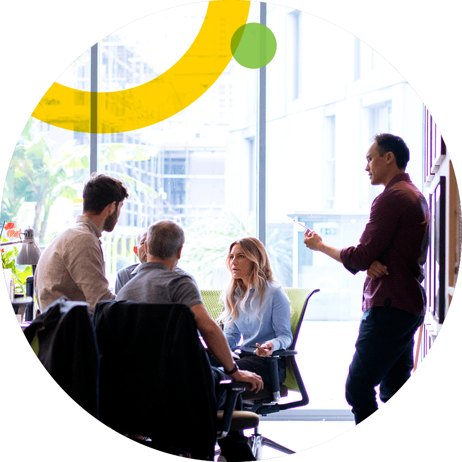 Business team meeting in large office space