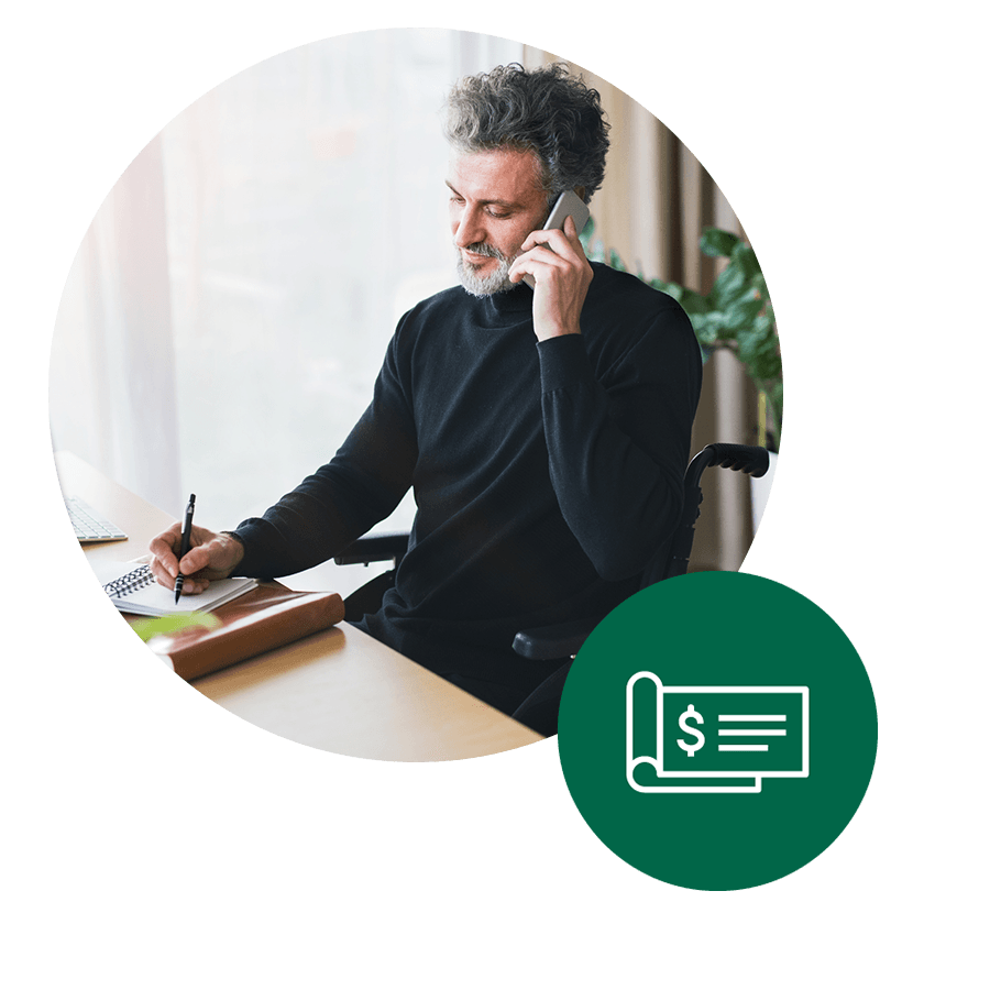 Business man on the phone with checkbook icon