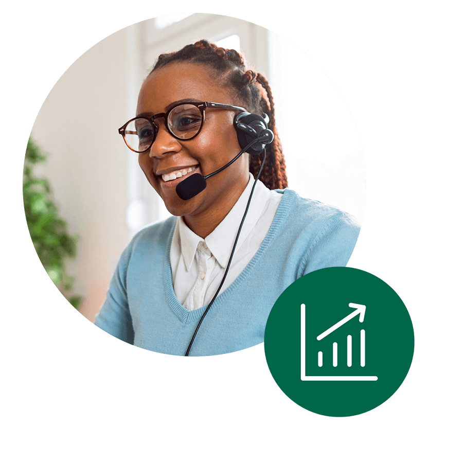 Customer Care representative answering a call with chart icon