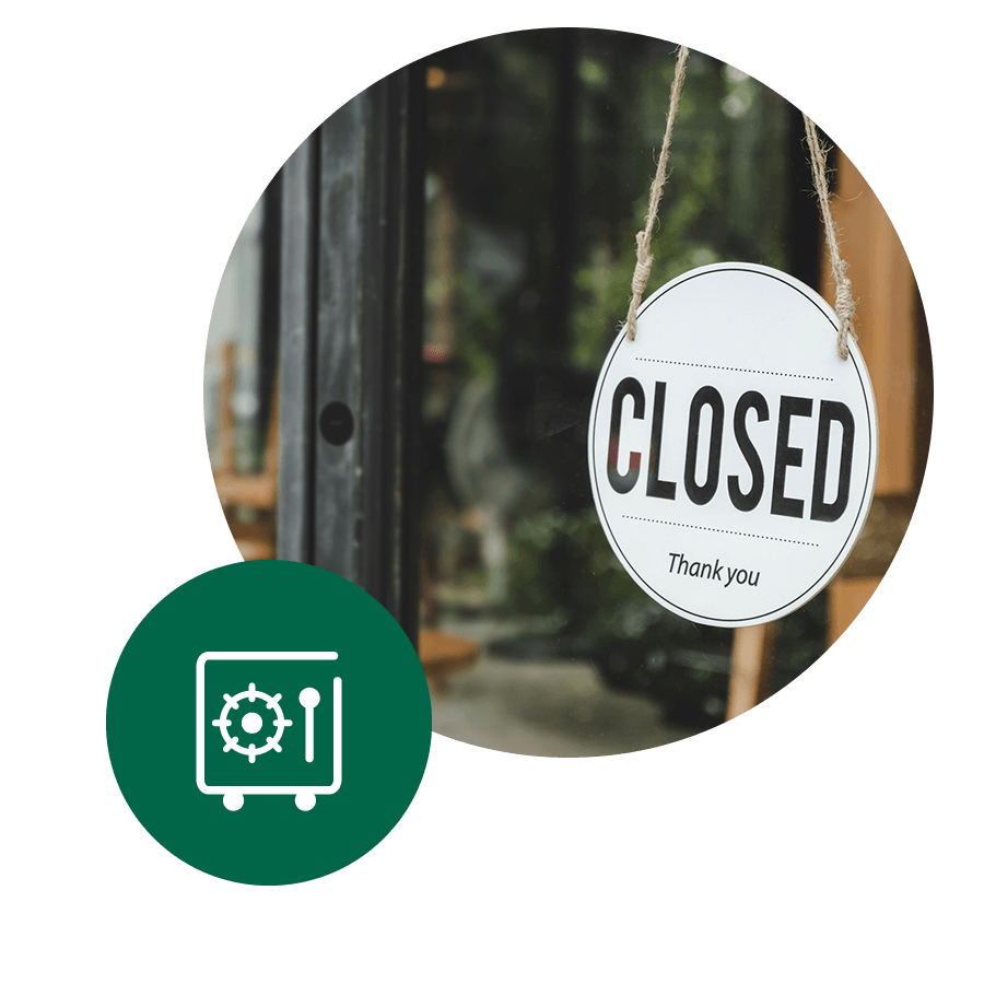 Small business closed door with vault icon